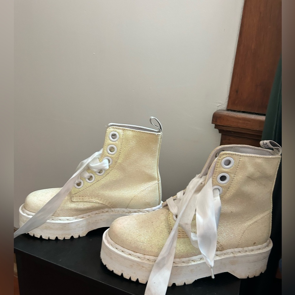 White/cream sparkly doc martens with ribboned shoelaces